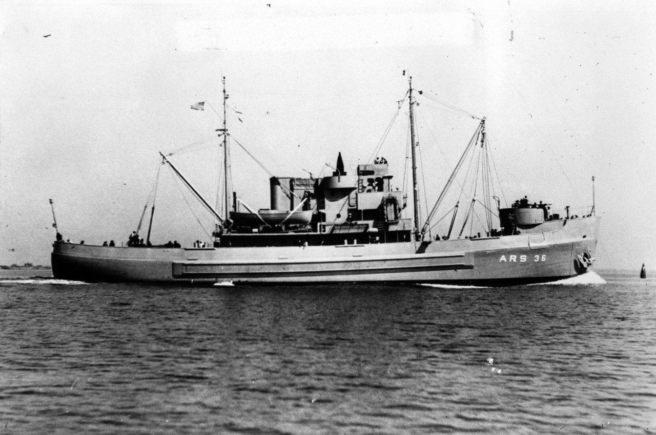 Starboard view of rescue and salvage ship USS Swivel (ARS-36) underway
