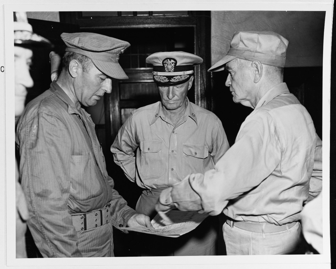Photo #: 80-G-490466  Brigadier General William T. Clement, USMC Fleet Admiral Chester W. Nimitz, USN Admiral William F. Halsey, USN
