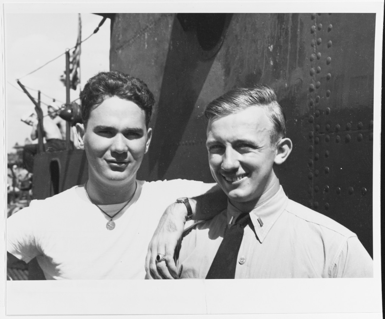 Two of the ship's officers, at the time of her fifth war patrol, in mid-1943. They are (l-r): LTJG Richard S. Garvey, and LTJG John Sincavich, who was lost with Trigger in 1945. 