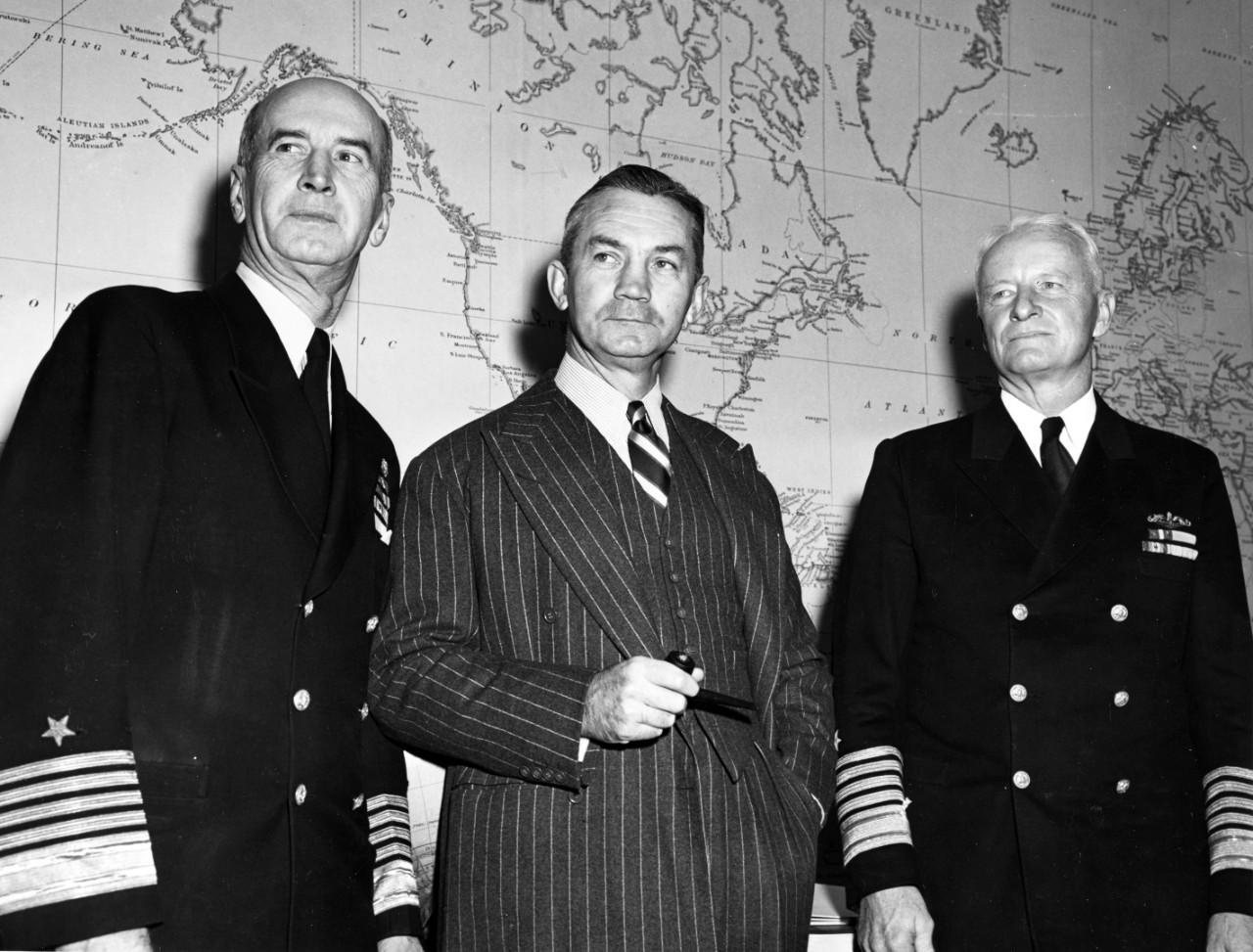 Photo #: 80-G-701553  Fleet Admiral Ernest J. King, USN, Secretary of the Navy James Forrestal, Fleet Admiral Chester W. Nimitz, USN