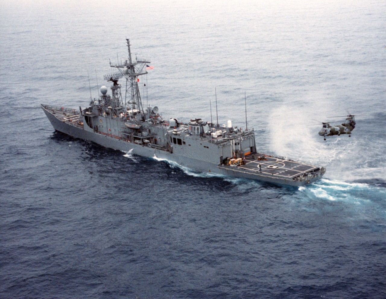 USS Samuel B. Roberts (FFG-58) underway after the ship struck a mine on April 14, 1988. 