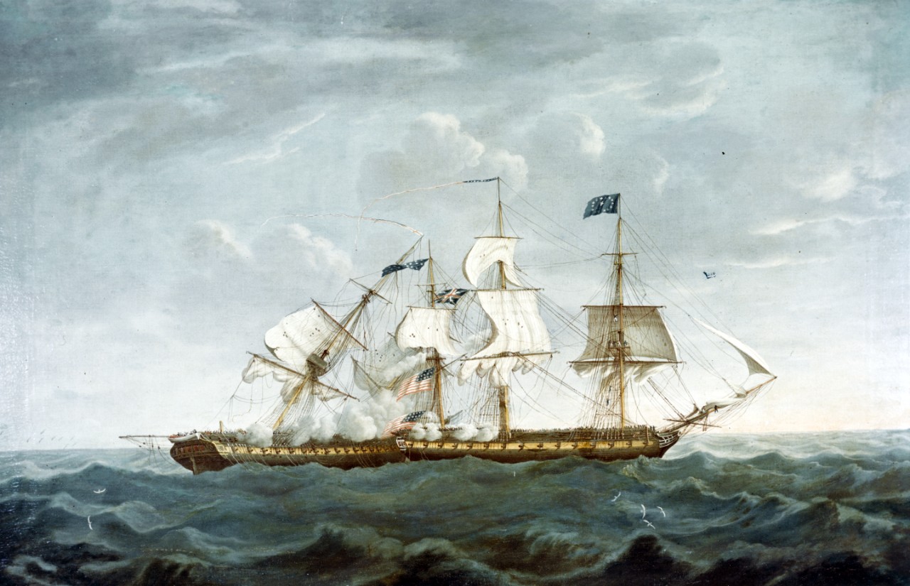 Photo #: KN-2781 Action between U.S. Frigate Constitution and HMS Guerriere, 19 August 1812: &quot;Dropping Astern&quot;