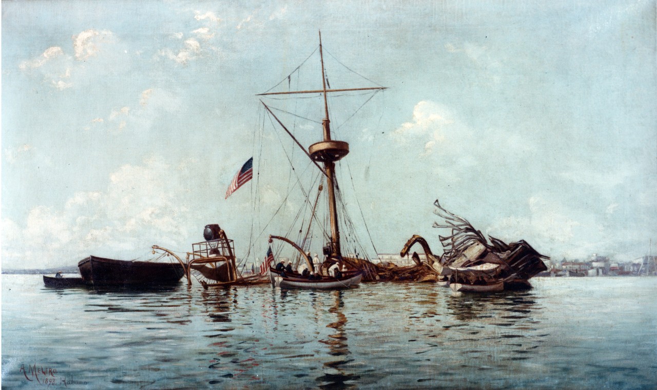 Oil on canvas, 30.5"x51", by A. Melero (19th century). Signed and dated by the artist, 1898. Original painting in the US Naval Academy Museum collection. 