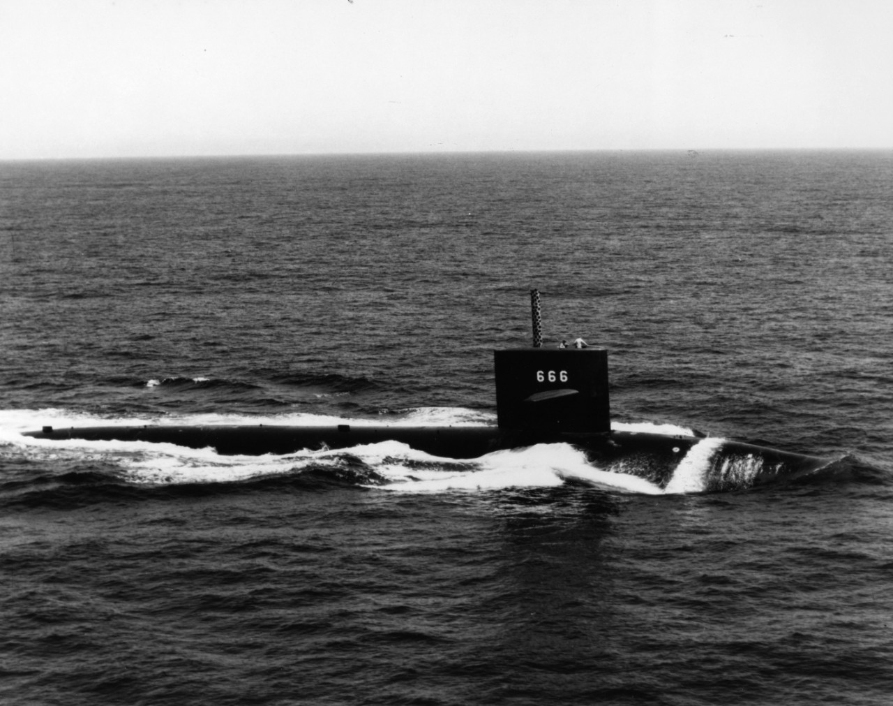 Nuclear powered submarine USS Hawkbill (SSN-666) underway off the coast of southern California