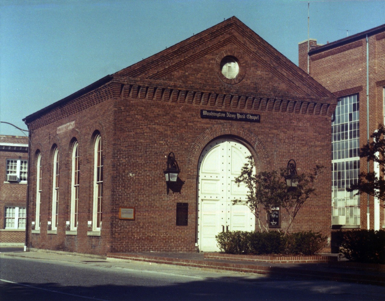 Washington Navy Yard Chapel, Building 106, built in 1901 as a pumping station for the forge shop. In 1973, it was renovated, largely with volunteer labor and resources, to serve as the Navy Yard Chapel. Photo circa mid-1970's.