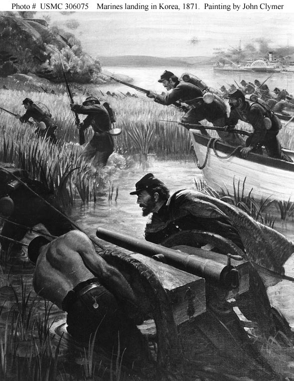 Photo #: USMC 306075  U.S. Marines landing on Kang-Wa Island, in the Han River, Korea, 10 June 1871