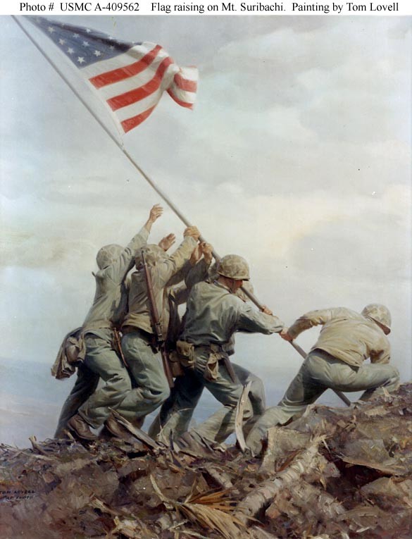 Photo #: USMC A 409562 Flag Raising on Mount Suribachi, Iwo Jima, 23 February 1945