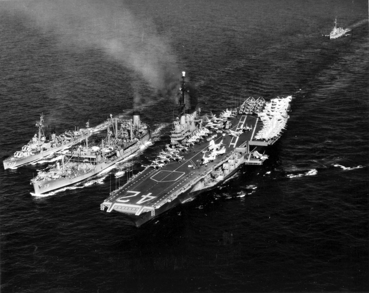 THe USS Masey (DD-778) and the aircraft carrier USS Franklin D. Roosevelt take time to refuel from the USS Elokomin (AO-55) during operations "Topweight" and "Green Swing", April 9-23, 1959. 