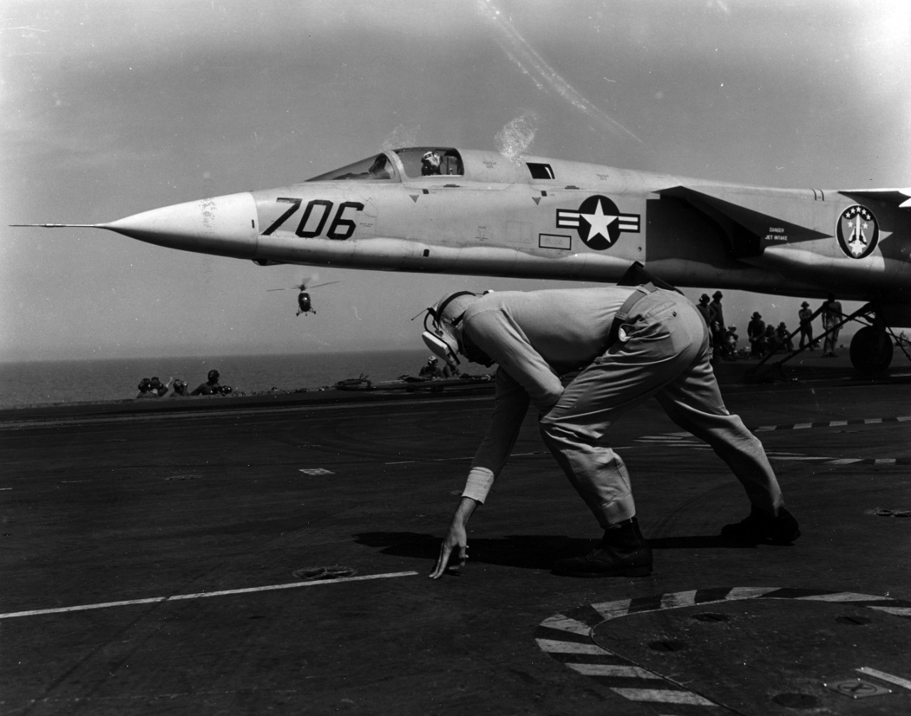 A3J Vigilante given the "go" signal by catapult officer, angel in background. Aboard the USS Enterprise (CVAN-65) during Exercise Fall Trap.