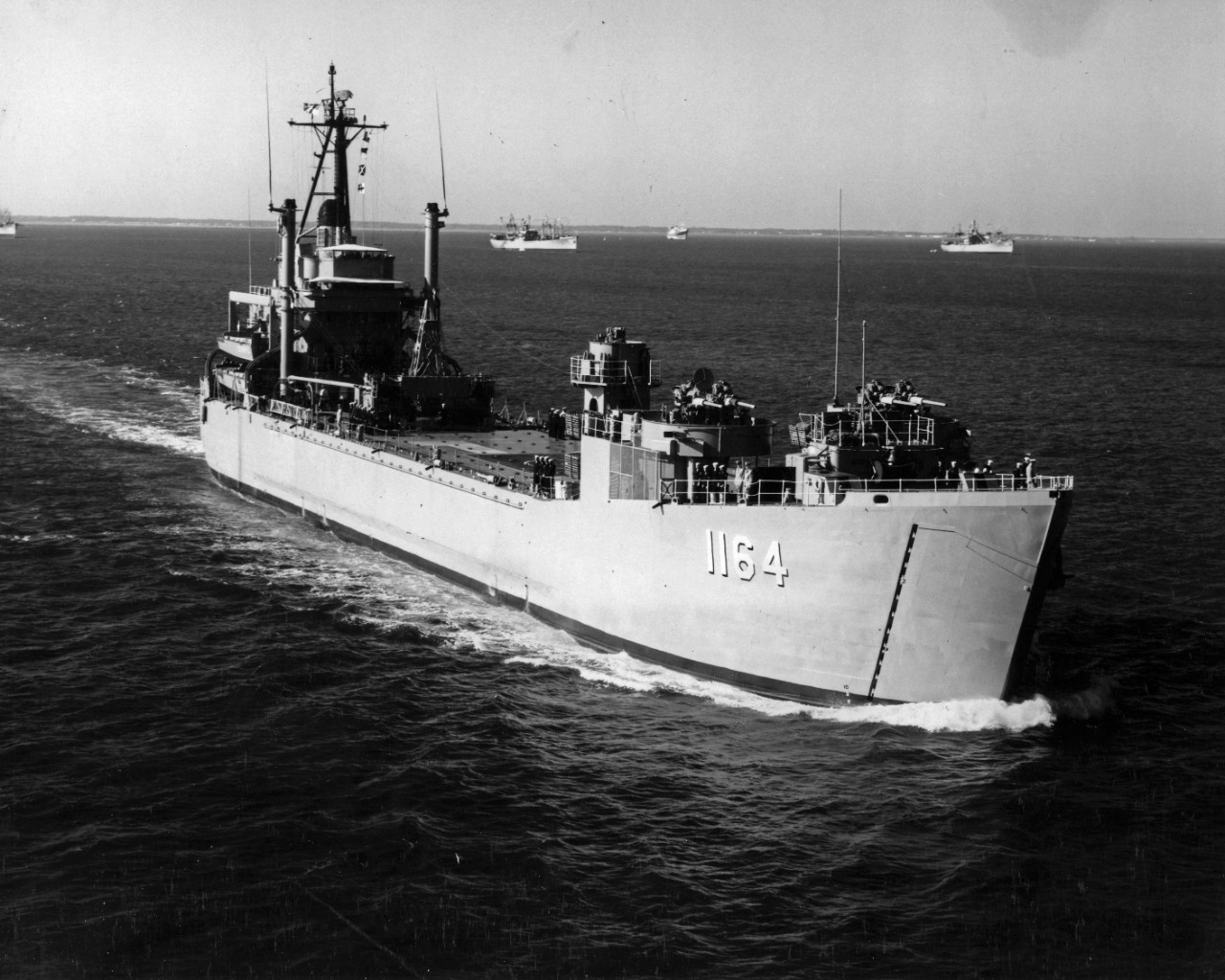 Starboard bow view of tank landing ship USS Walworth County (LST-1164) underway from US Naval Station Norfolk, Virginia