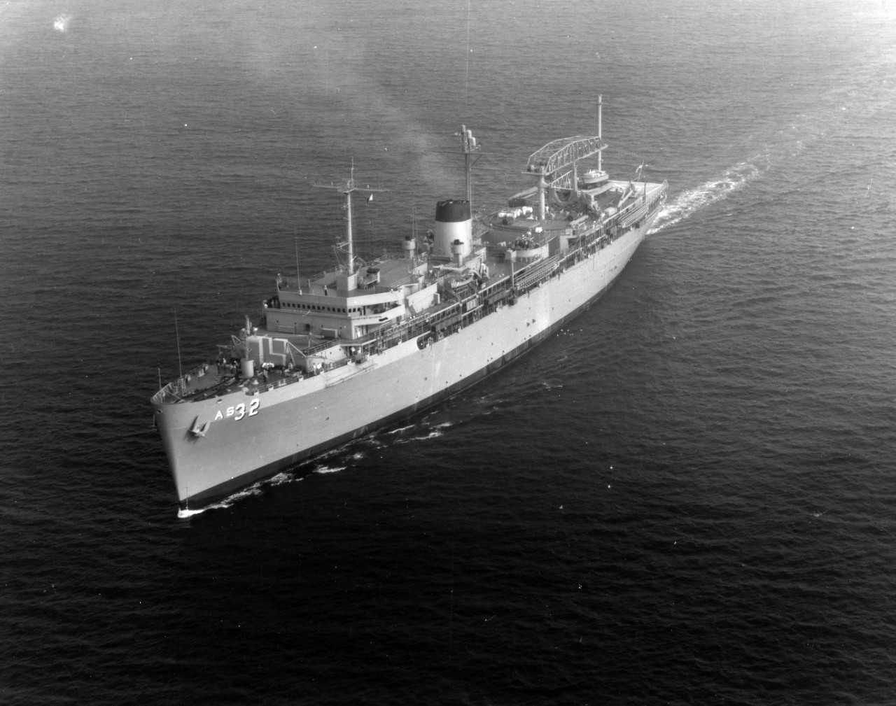 3/4 port bow view of the USS Holland (AS-32) at sea. August 1963. 