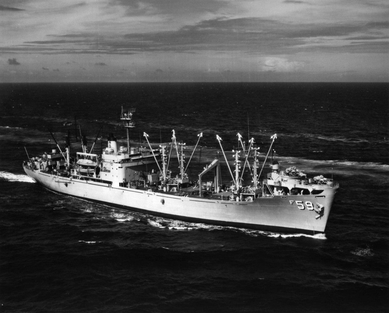 Aerial view of stores ship USS Vega (AF-59) underway