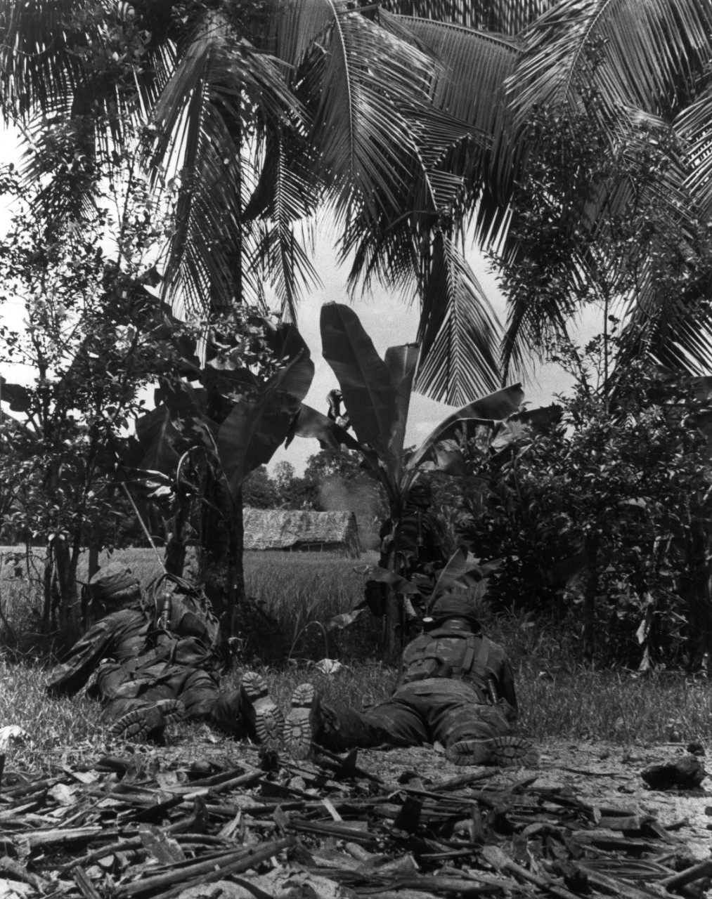 Vinh Binh, Republic of Vietnam - Members of a Navy SEAL Team fire on an enemy bunker camouflaged as a Vietnamese hut, during Operation Crimson Tide.