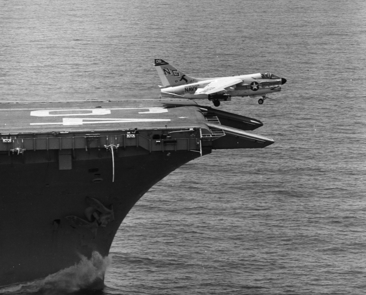 An Attack Squadron 147 (VA-147) A-7E Corsair II attack aircraft is launched from the port bow catapult of the attack aircraft carrier USS Constellation (CVA-64) in the South China Sea.