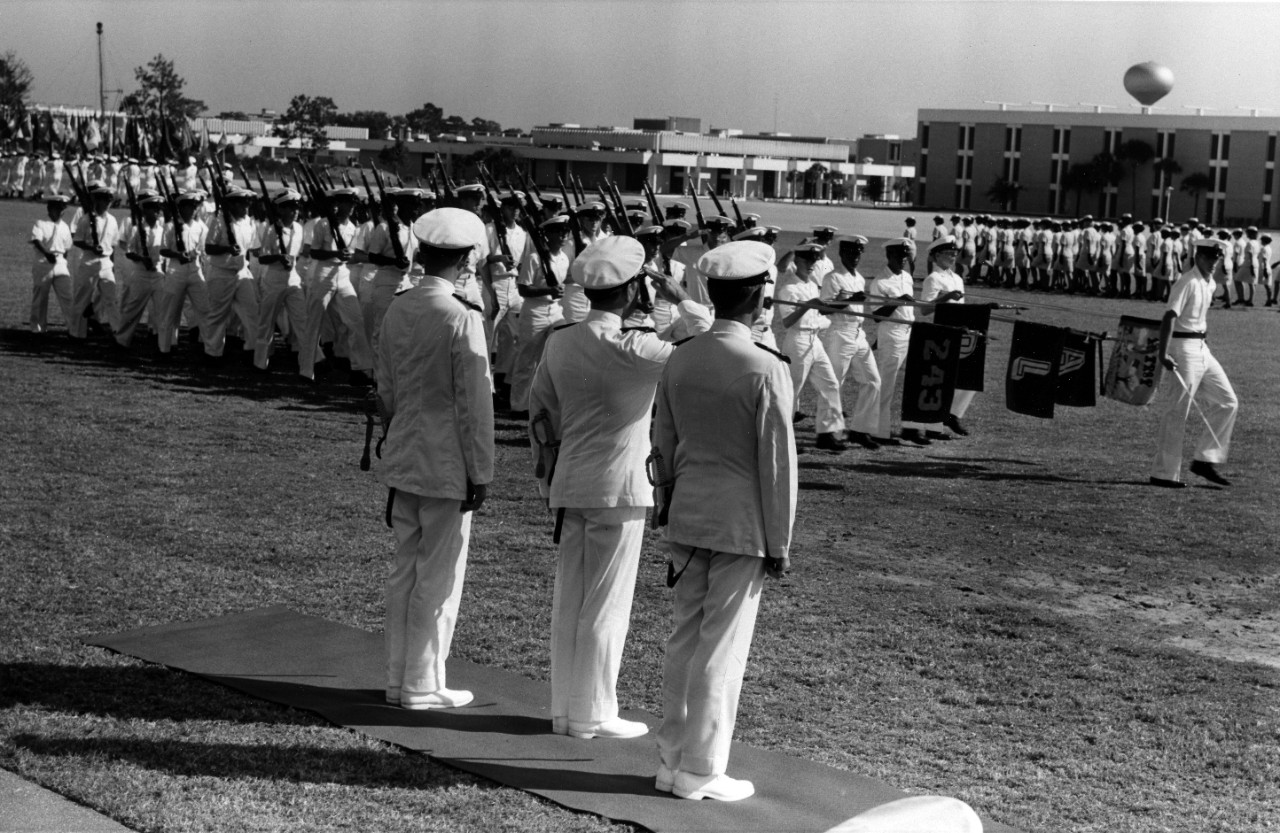 Navy recruits pass in review at Naval Training Center Orlando, Florida.