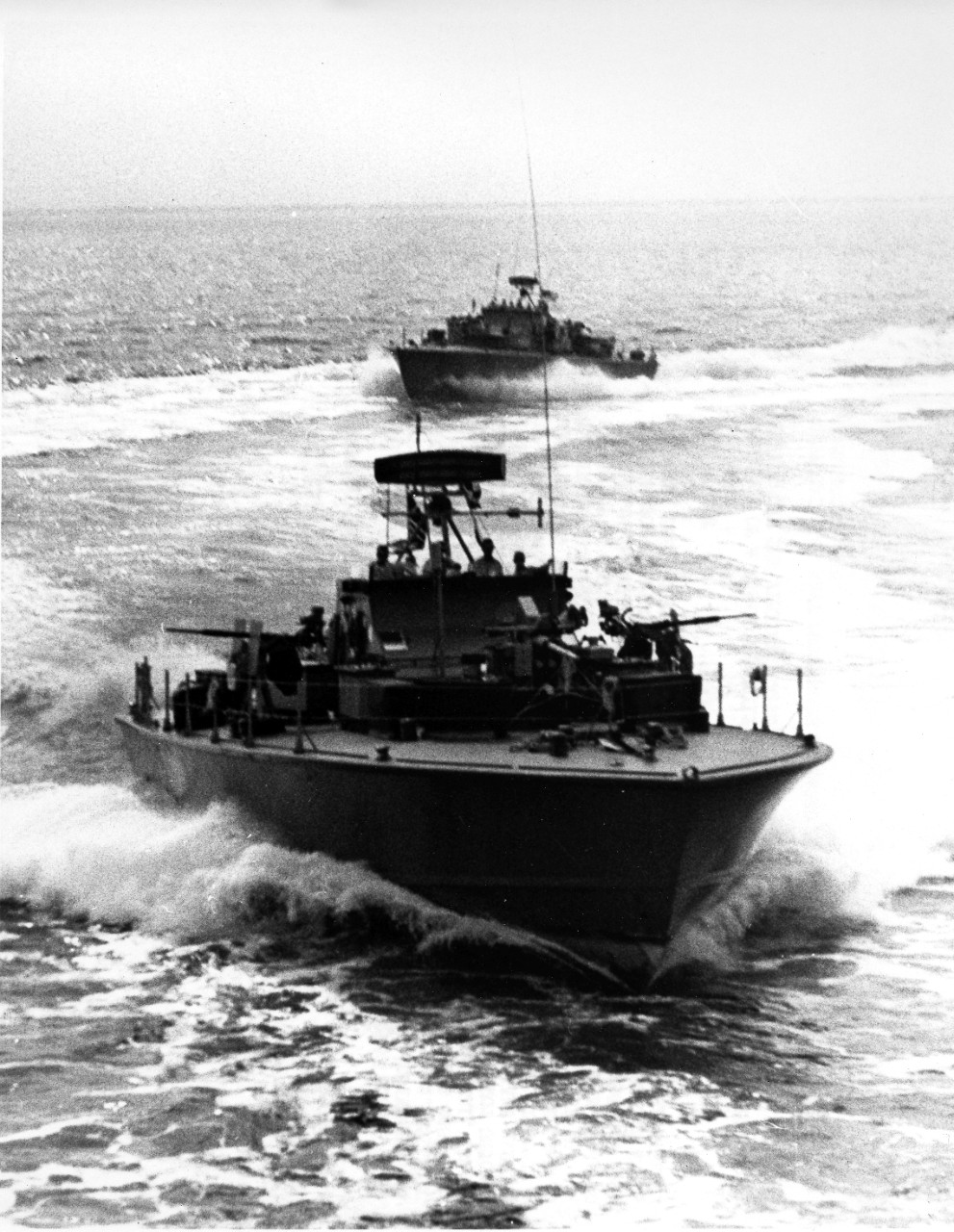 Bow shot of a Norwegian built PTF boat traveling at high speed during trials off the Virginia capes, early May 1963. 