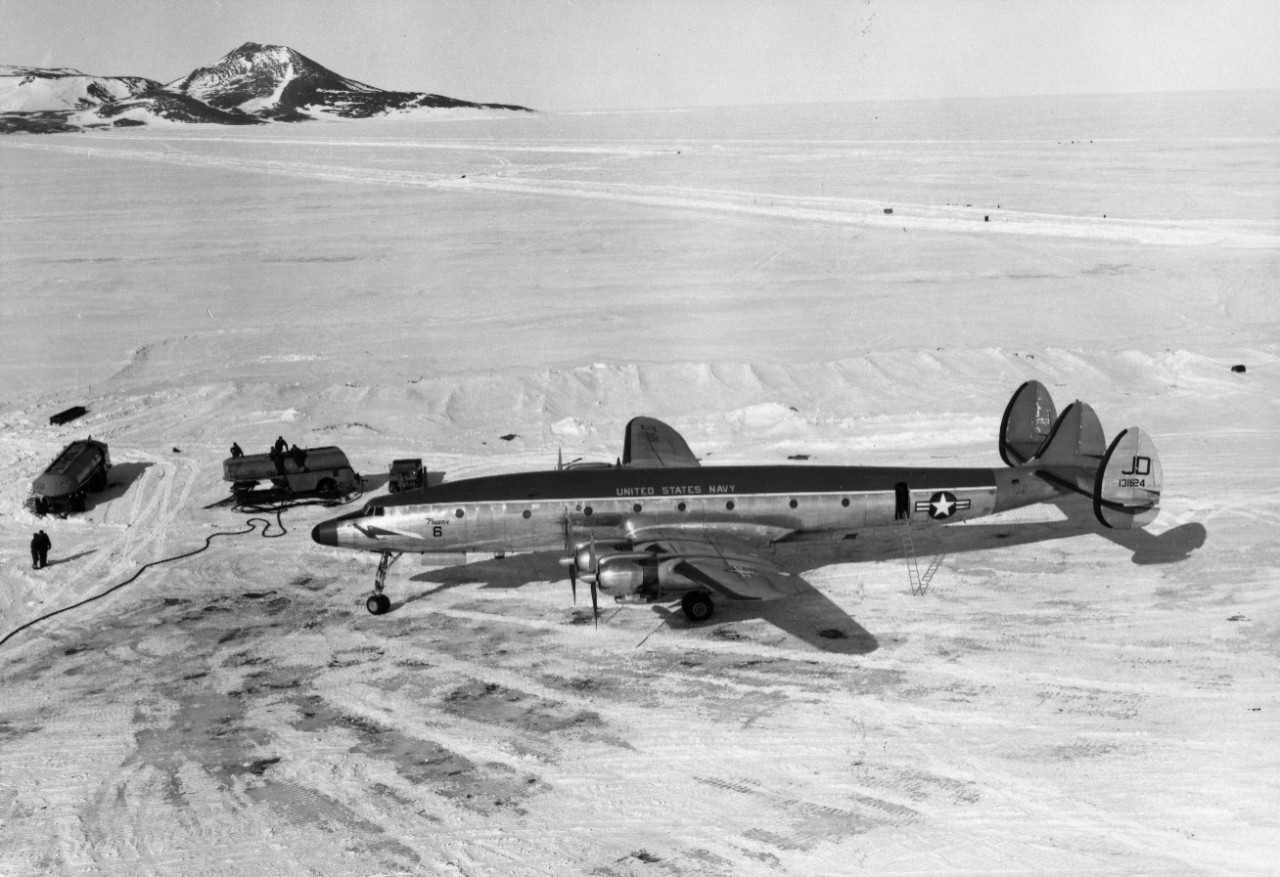 R7V-1 of VX-6 (BuNo 131624) parked at the refueling area on the ice runway at NAF McMurdo, Antarctica.