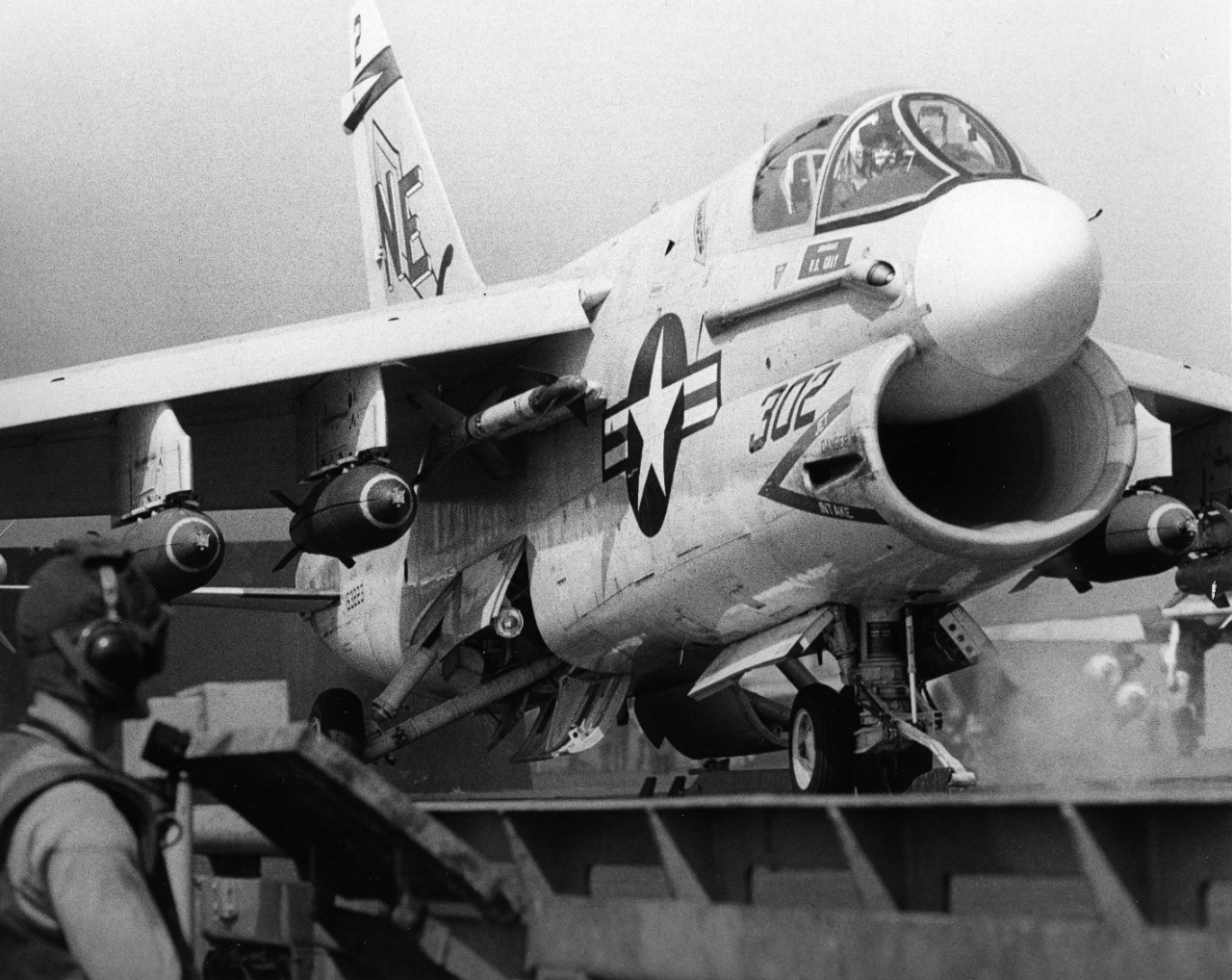 A-7 Corsair II of VA-147, on the catapult of an attack carrier of the U.S. Seventh Fleet.