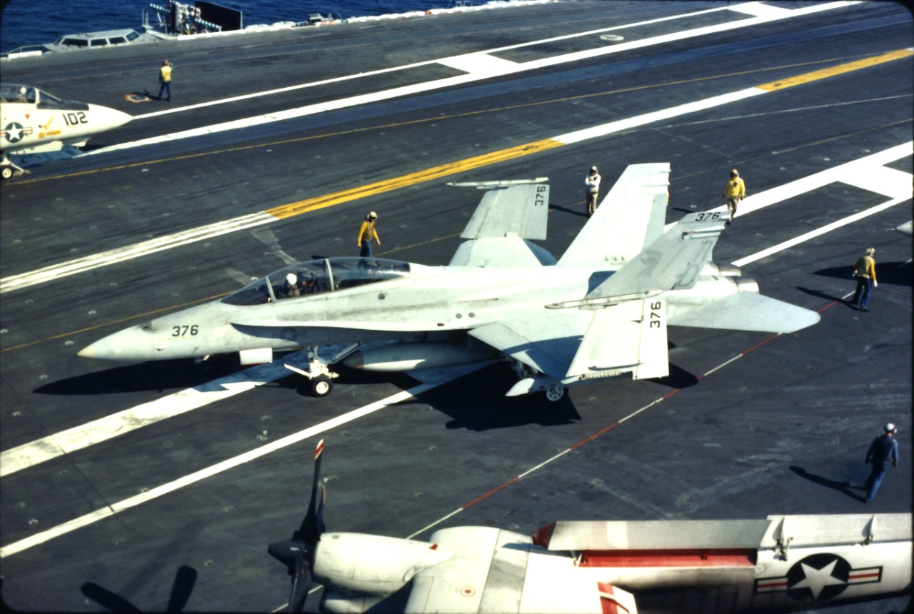 <p>A TF/A-18 Hornet aircraft from VFA-106 taxis along the flight deck of USS Dwight D. Eisenhower (CVN-69)&nbsp;</p>
