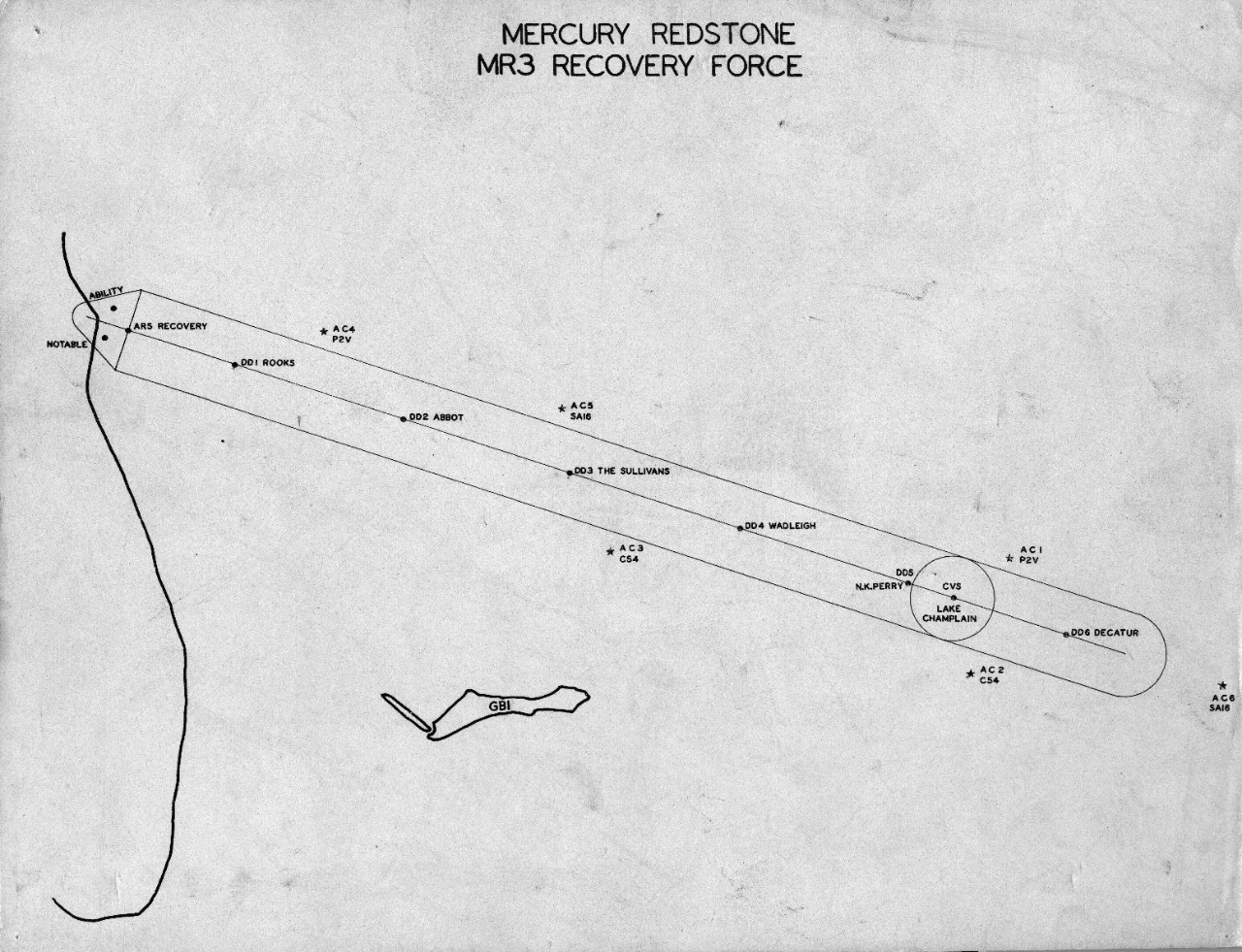 Chart showing positions of U.S. Navy recovery vessels for Mercury-Redstone 3 (MR3), the suborbital flight of Commander Alan Shepard in the capsule "Freedom 7." It is not clear if this chart shows the actual position of recovery ships during the flight, or was used for planning purposes prior to the flight.