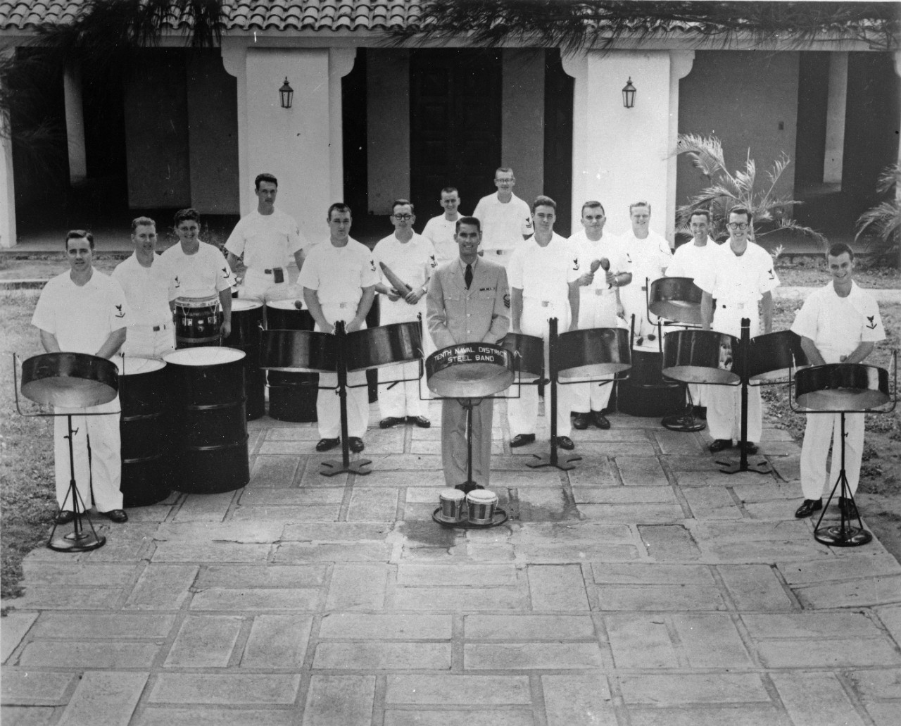 The Tenth Naval District Steel Band, organized in 1957 by Rear Admiral Daniel V. Gallery, former Commandant of the Tenth Naval District. Stationed in Puerto Rico, the steel bandsman learned their new art in Trinidad.