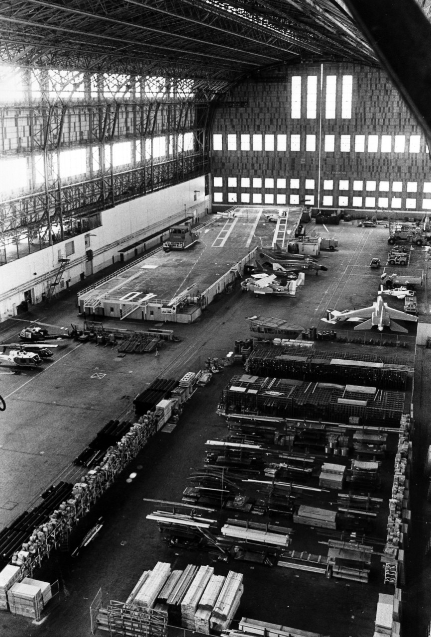 <p>A Navy training school and one of the world’s largest training aids, a 400-foot replica of an aircraft carrier’s flight deck located in a hangar at Lakehurst, New Jersey Naval Air Engineering Center.</p>

