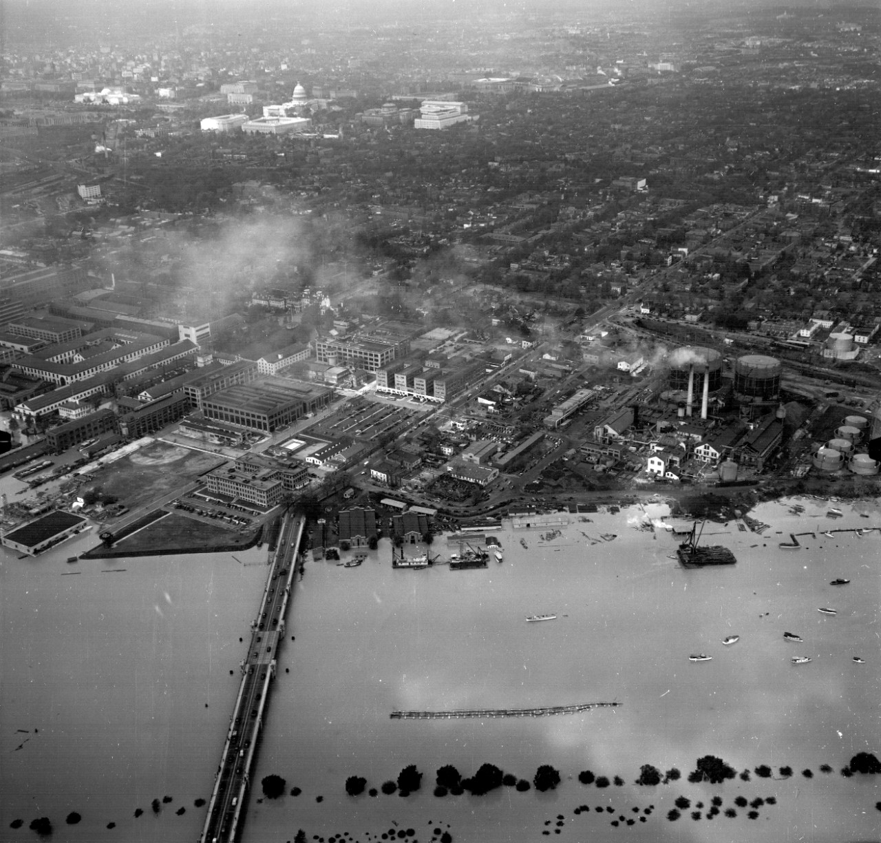 <p>Undated aerial photograph of the Washington Navy Yard in the District of Columbia after the flood of 1942.</p>