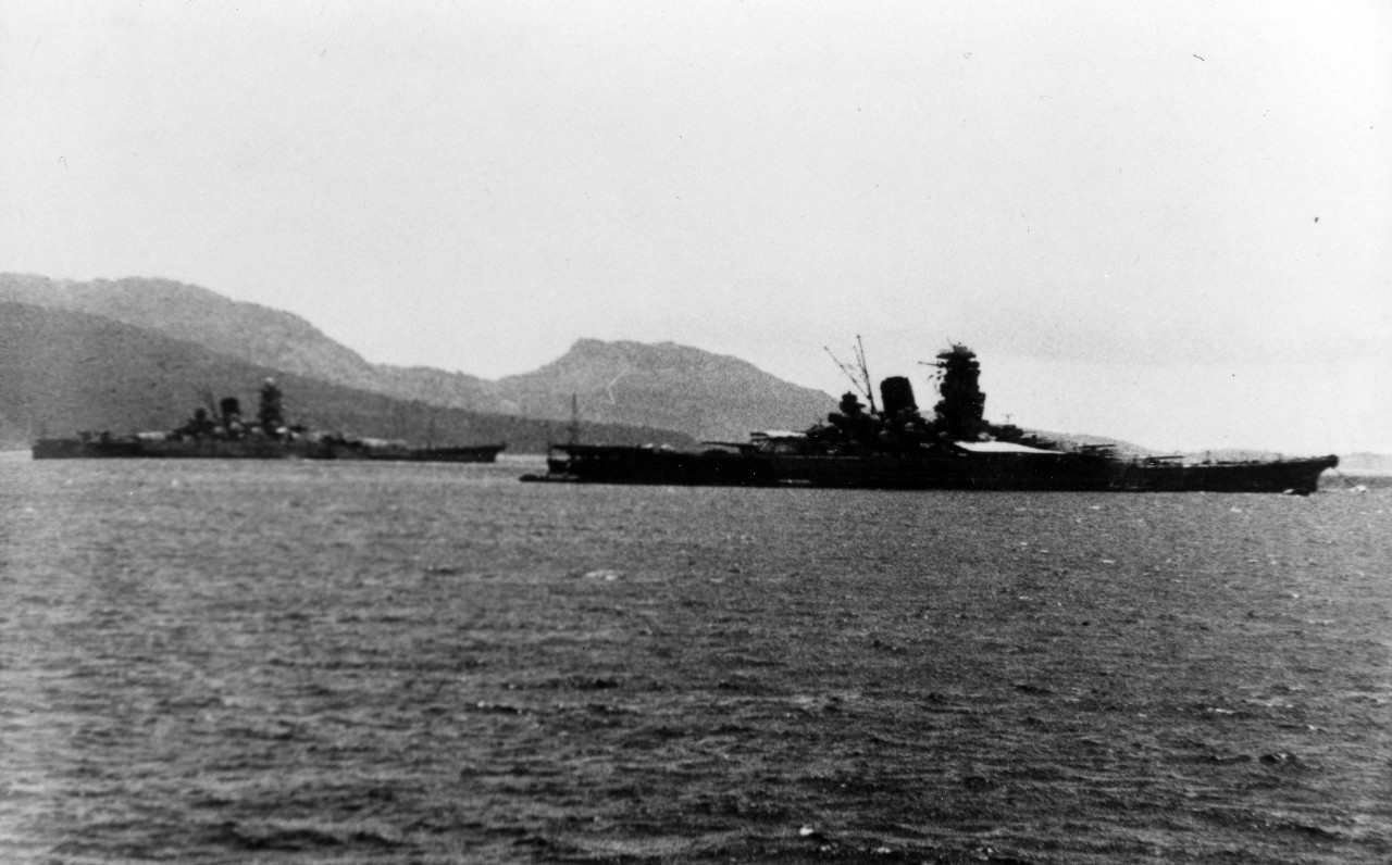 Yamato (left) and Musashi (right) moored in Truk Lagoon sometime during 1943. 