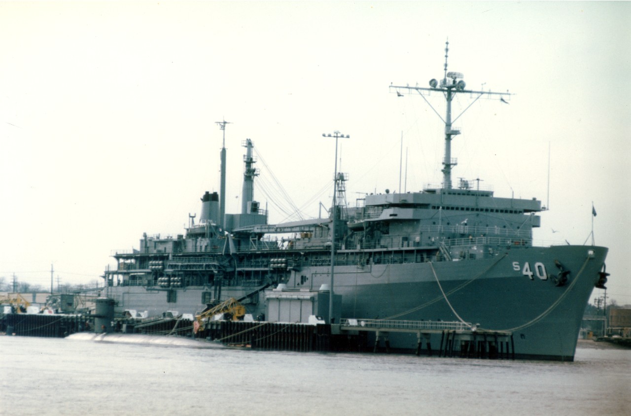 USS Frank Cable (AS-40) at Charleston, SC, February 21, 1984.