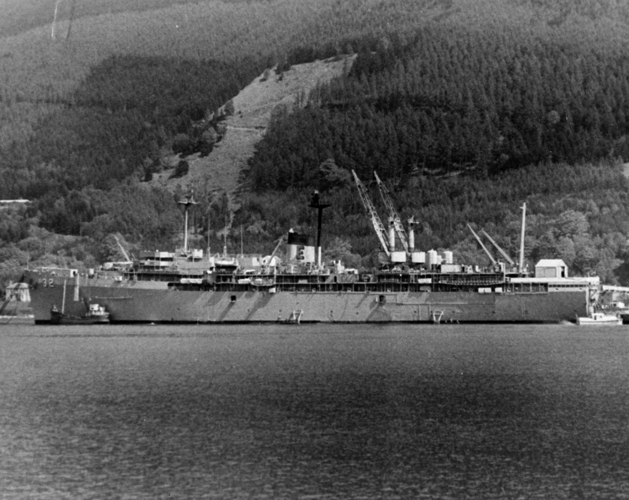 USS Holland (AS-32) moored in the Holy Loch, Scotland. 