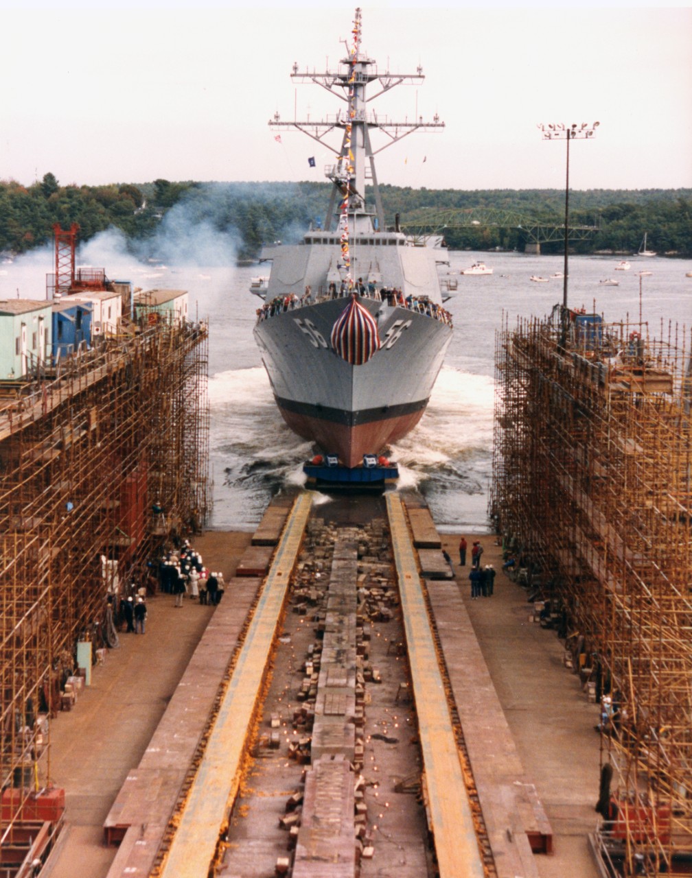 USS John S. McCain (DDG-56) is launched down the rail at Bath Iron Works. Photo by PH1 Brian Wemitt.