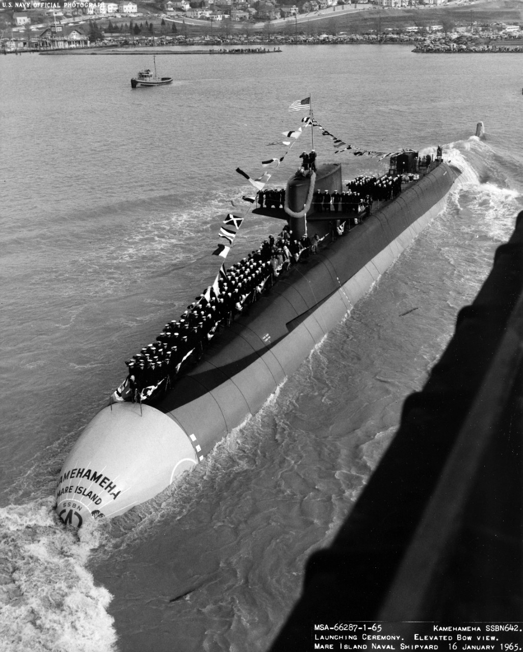 Launching ceremony of USS Kamehameha (SSBN-642) - elevated bow view at the Mare Island Naval Shipyard, January 16, 1965. 