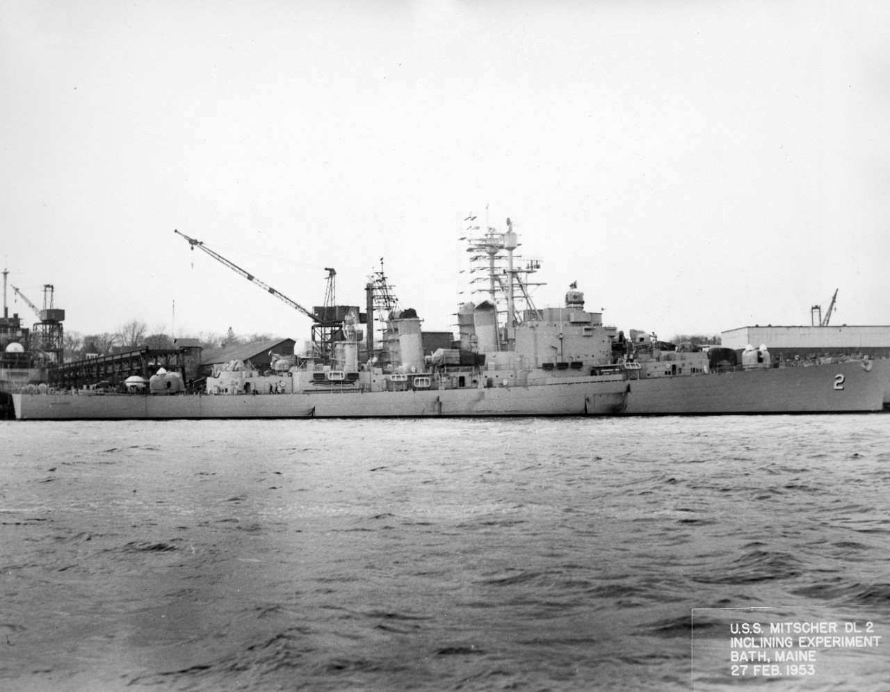 USS Mitscher (DL-2) inclining experiment, Bath, Maine. February 27, 1953.