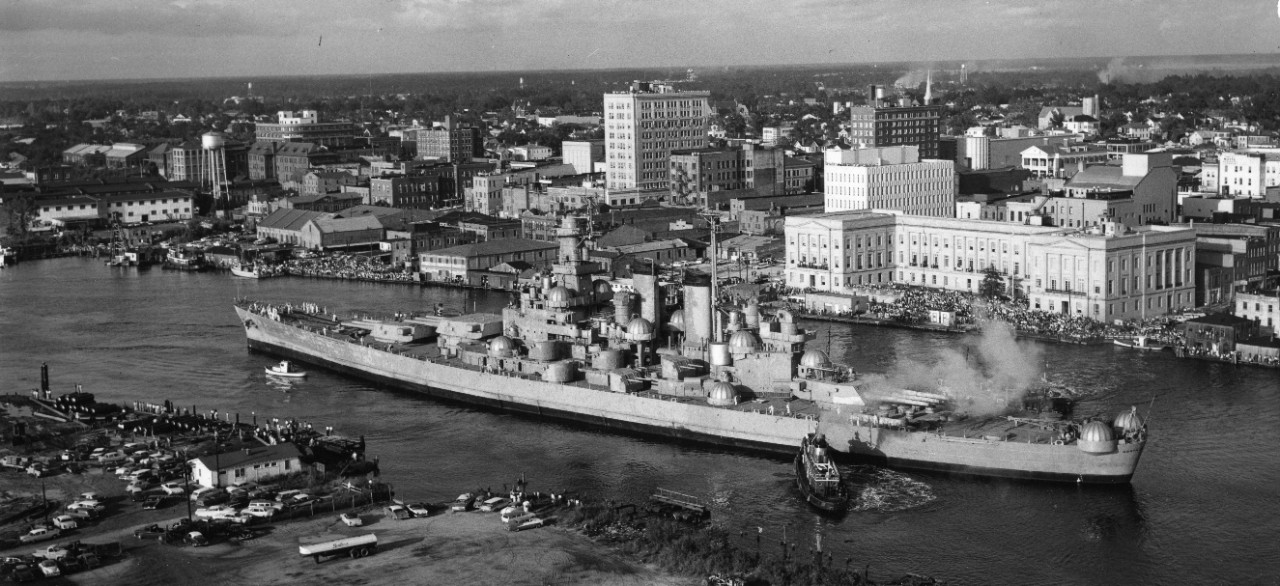 Ex-USS North Carolina (BB-55) under tow to Wilmington, North Carolina, 1961, to begin operations as a museum ship.