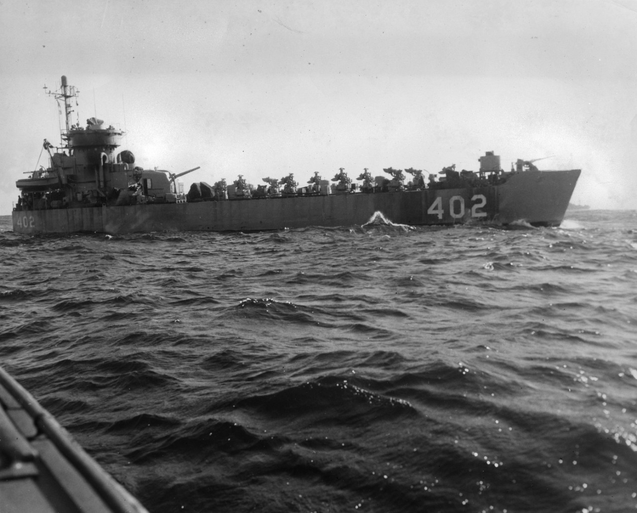 USS Big Horn River (LSMR-402), seen during post-World War II amphibious exercises off southern California
