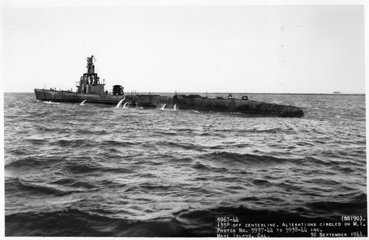 Submarine USS Spearfish (SS-190) underway on the surface, possibly off Mare Island Navy Yard