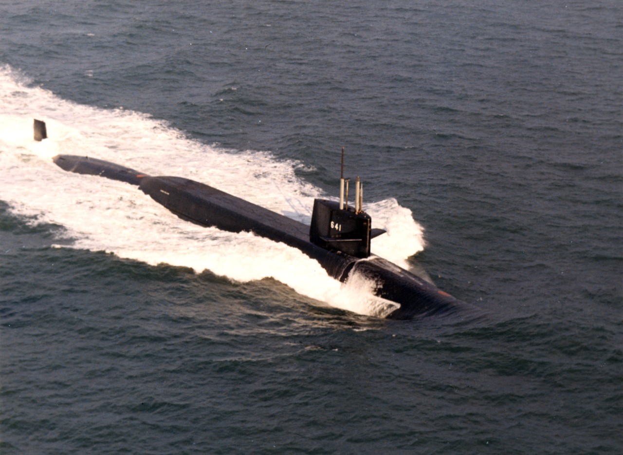 Nuclear powered ballistic missile submarine USS Simon Bolivar (SSBN-641) underway on the surface