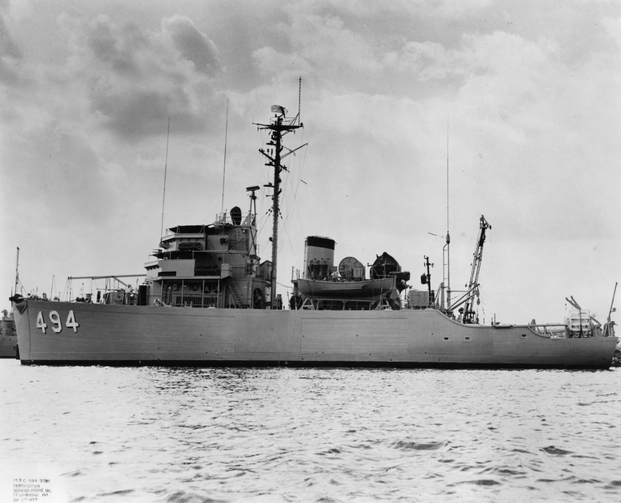 Port view of minesweeper USS Sturdy (MSO-494)