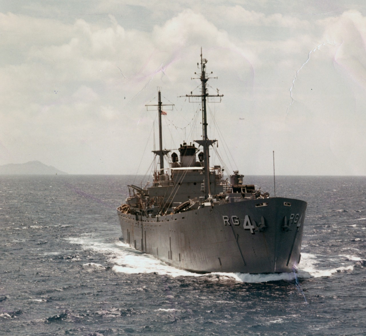 Bow view of internal combustion engine repair ship USS Tutuila (ARG-4) underway