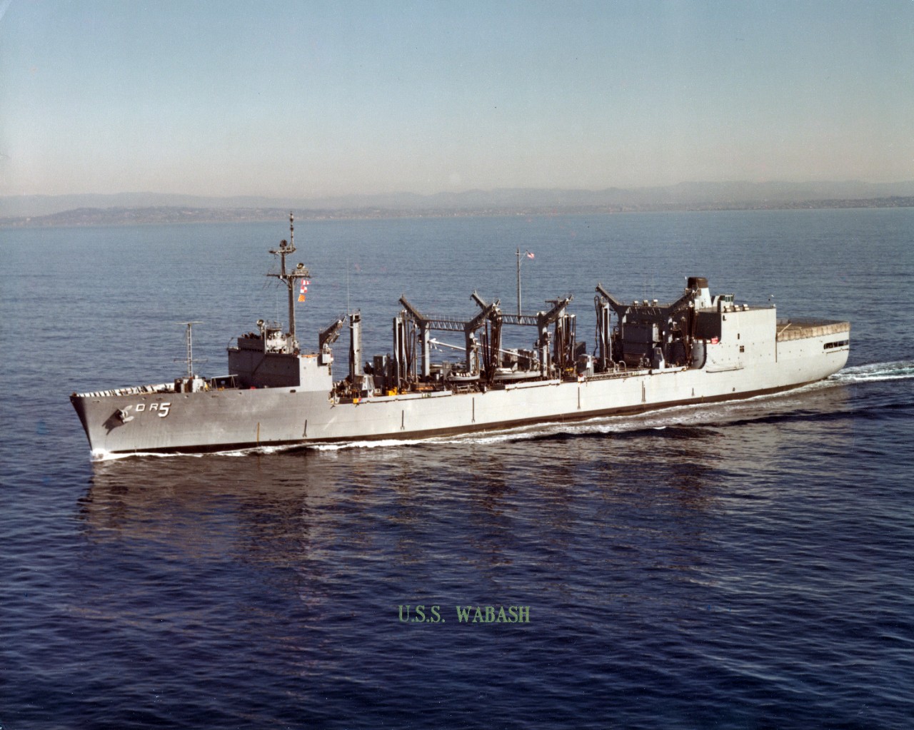 Starboard aerial view of replenishment oiler USS Wabash (AOR-5) underway