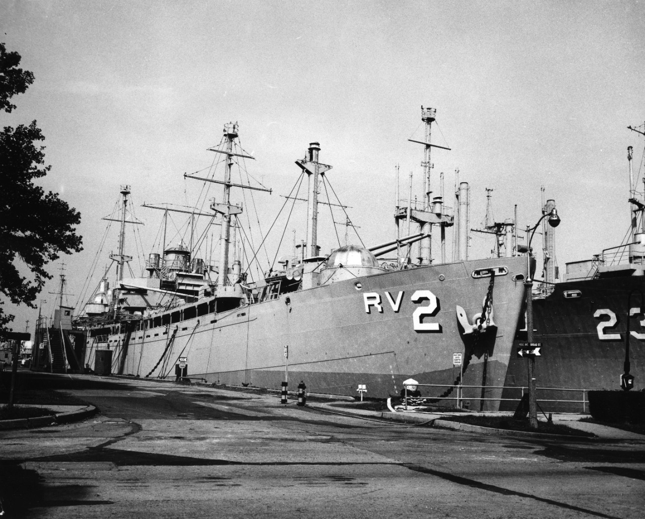 Starboard bow view of aviation repair ship ex-USS Webster (ARV-2) laid up at the Philadelphia Naval Shipyard, in mothballs in the Atlantic Reserve Fleet.