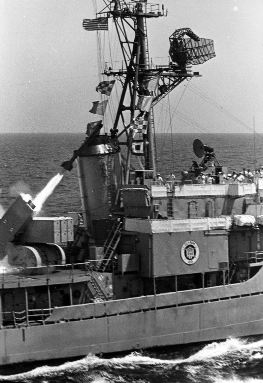 An anti-submarine rocket (ASROC) lifts off from the US destroyer USS Myles C. Fox during a combined Venezuelan and US naval power demonstration off the coast of Venezuela. The demonstration took part during of phase of UNITAS XI exercises, 1970. 