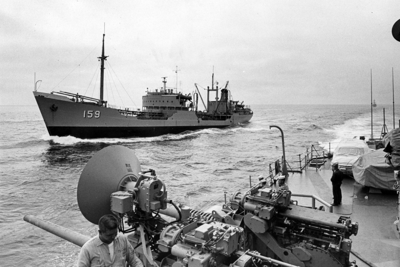 Operating together during UNITAS X exercises are the Peruvian Navy fleet oiler Lobitos (left) and the US navy guided missile frigate USS Leahy. August 1969. 