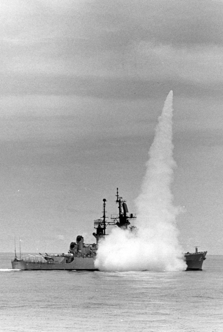 A surface-to-air missile soars skyward from the US navy guides missile frigate USS Leahy (DLG-16) during a UNITAS X weapons demonstration. August 1969. 