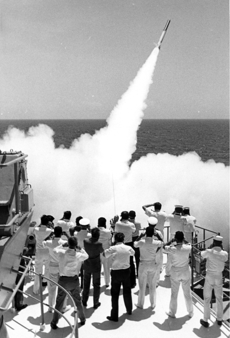Terrier missile lifts off during a naval power demonstration off the coast of Venezuela for Venezuelan and US officials. The demonstration was part of the combined UNITAS XI operations between Venezuelan and US ships and aircraft, 1970.