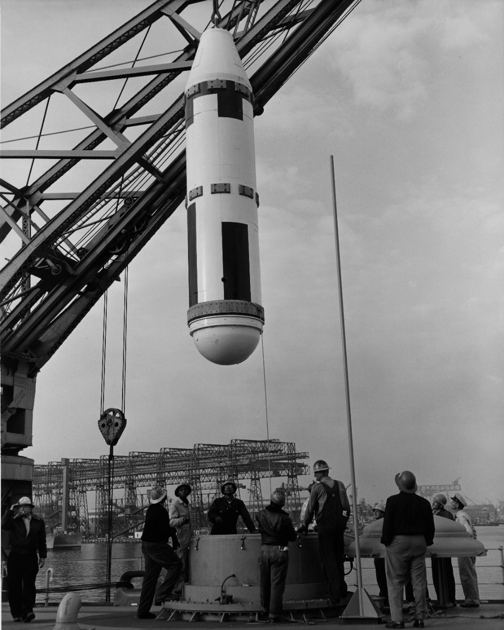 <p>L55-15.01.21 Loading Polaris Ballistic Missile into firing tube aboard USS Observation Island (AG-154)</p>
