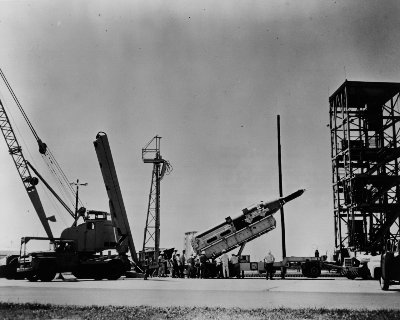 <p>L55-15.02.15 Polaris Missile Test Vehicle being loaded onto launching pad.</p>
