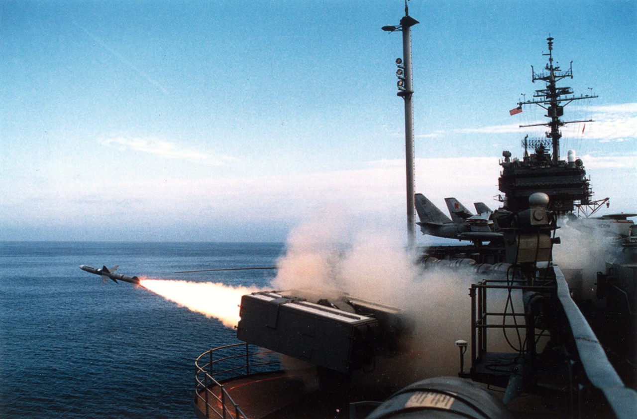 Southern California coast - The US Navy's aircraft carrier, USS Constellation (CV-64) test fires a Sea Sparrow missile in the southern California operating area. July 9, 1996. 