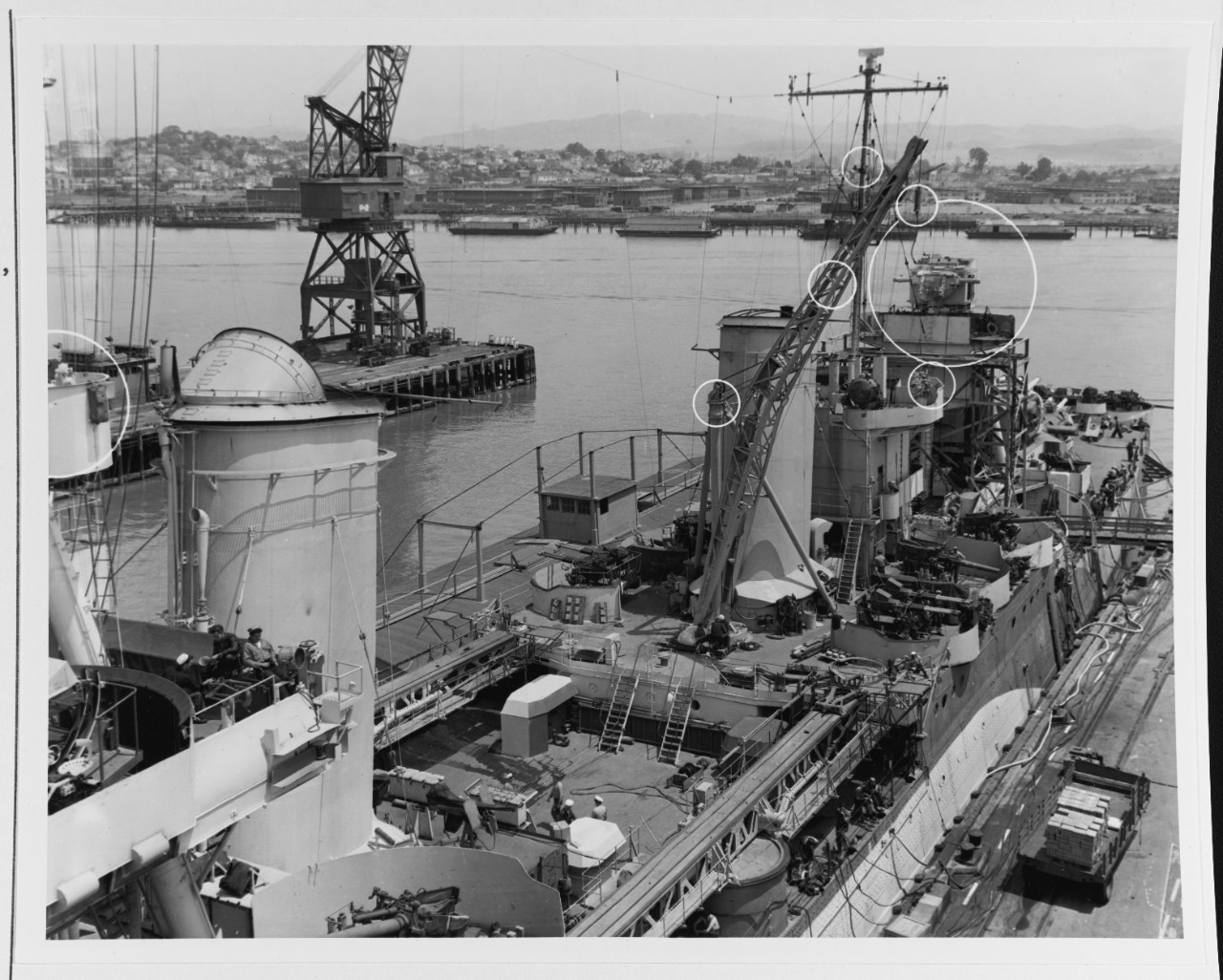 Amidships view of cruiser USS Salt Lake City (CA-25) docked at the Mare Island Navy Yard, 24 June 1944, showing recent alterations.