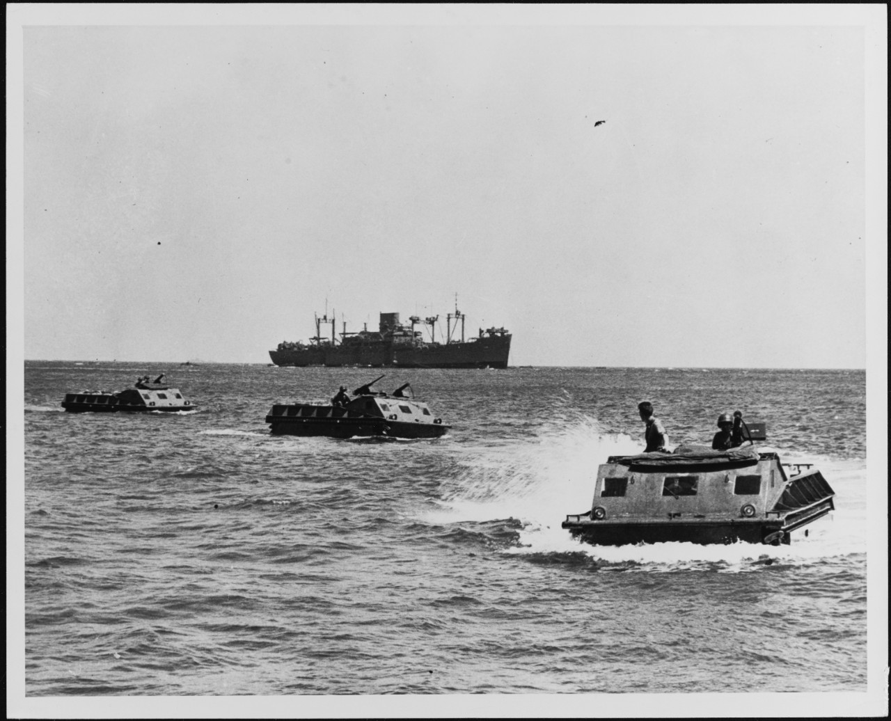 Amphibious tractors come ashore at Guadalcanal Island